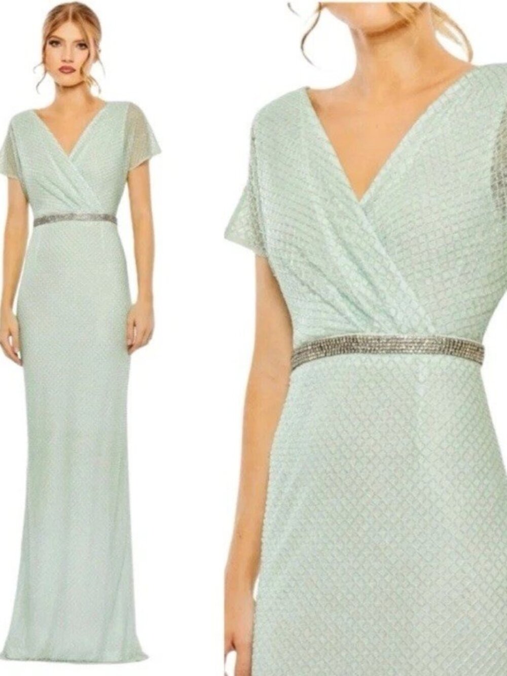 NWT - Mac Duggal Mint Green Beaded Waist Maxi Dress